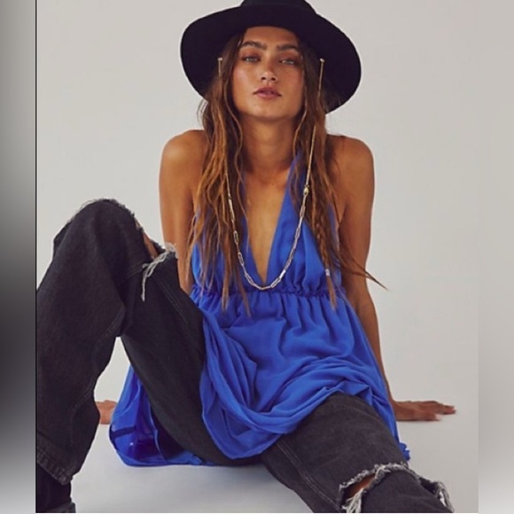 FREE PEOPLE XL Feminine Esme Mini Brilliant Blue Halter Chiffon Satin Strap SEXY - Picture 2 of 15